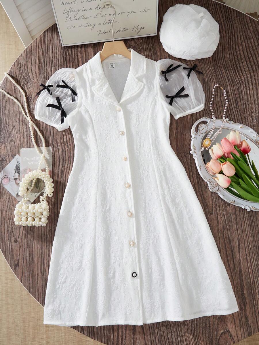 Tween Girl Bow Decor Short Puff Sleeve Single Breasted A-Line Dress - White - View 1