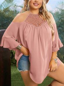 SHEIN VCAY Plus Size Women Solid Color Open Shoulder Contrast Lace Loose Casual Blouse - Baby Pink - View 4