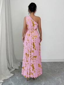 Elenzga Champagne Color Metallic Pleated Shawl Collar Dress - Multicolor - View 2