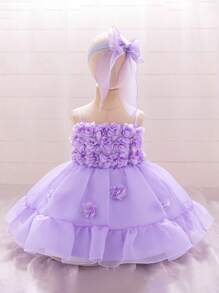 Vestido de princesa sin mangas con capas de malla floral elegante púrpura con moño en la espalda para bebé niña, conjunto adorable para boda, fiesta, cumpleaños y aniversario de bebé niña - Morado - Ver 4