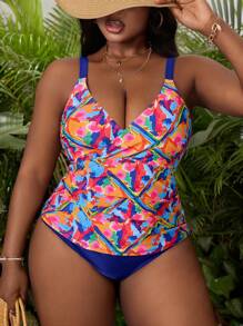 Slaydiva Ensemble de tankini à col en V imprimé floral pour grandes tailles, idéal pour les vacances d'été