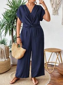 SHEIN Holidaya Elegante jumpsuit a tinta unita con scollo a V e pieghe sulla parte anteriore, per taglie curvy, stile casual da pendolare, adatto per primavera ed estate