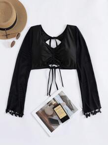 SHEIN Swim Neue Damen einfarbiges Mesh transparentes gefranster plissierter Kordelzug Bindeband Vorderteil Langarm Tiefer V-Ausschnitt modischer sexy eleganter Strandbadetop
