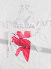 Swim Mod 3 件套女士新款春假沙滩装夏季套装，褶饰露背系带比基尼套装，花卉印花网眼沙滩裙，泳衣，适合游泳、度假、节日、波西米亚风 - 彩色 - 查看 5