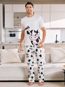 CoupledUp Pijama de verano para hombre con top de manga corta y shorts cómodos con estampado de vaca