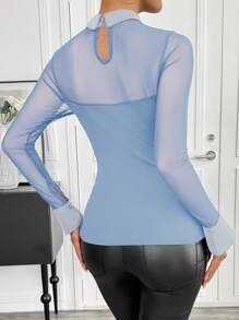 Chiquease Mesh Contrast Collar Sheer Elegant Long Sleeve T-Shirt, Suitable For Summer - Blue - View 2