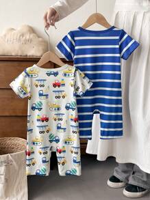 2 Stücke Baby Jungen Sommer Set, Romper mit Kurzarm und Shorts, Auto Aufdruck & blau-weiß gestreift Kombination, lebhafte Optik, geeignet für Outdoor, Komfort zuhause, fröhliche aktive Zeit - Verschiedenfarbig - Übersicht 2