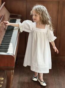 Hapijoa 年轻女孩纯色方领短袖休闲连衣裙家居服，女孩夏季服装 - 白色 - 查看 2