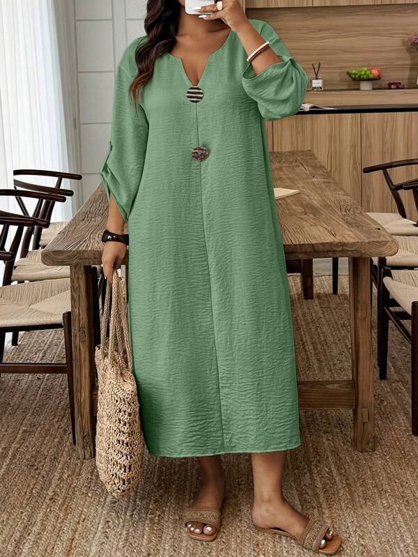 Linhara Plus Size Solid Color Notched Neck Casual Roll-Up Sleeve Dress, Summer