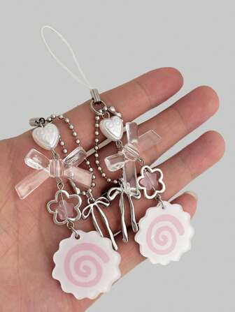 Kawaii 2 pièces/set Pendentifs porte-clés mignons roses, design floral, nœud papillon, spirale, pour la décoration de sac et de téléphone, remise des diplômes, rentrée des classes, Saint-Valentin, cadeau d'anniversaire pour les filles