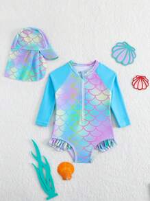 Infant/Toddler Girls Ombre Mermaid Scale Print Ruffled Long Sleeve One-Piece Swimsuit With Random Print And Ruffled Trim (Includes Hat) - Multicolor - View 1