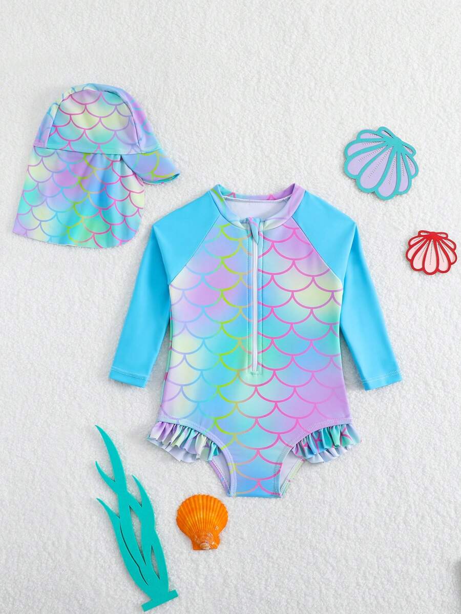 Infant/Toddler Girls Ombre Mermaid Scale Print Ruffled Long Sleeve One-Piece Swimsuit With Random Print And Ruffled Trim (Includes Hat) - Multicolor - View 1