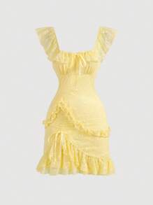 SHEIN MOD Vestido amarillo de encaje con volantes al borde, estilo romántico de ballet, para invitada de boda, atuendo de verano, vestido de graduación - Amarillo - Ver 1