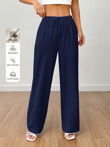 SHEIN PETITE Pantalones anchos de verano de lino con cintura alta para mujeres