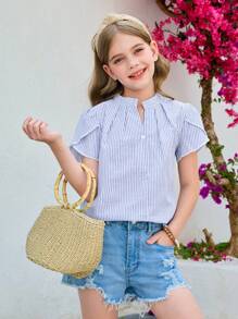 SHEIN 青少年女孩休闲梭织条纹立领收腰花瓣袖纽扣修身衬衫 - 淺藍色 - 查看 15