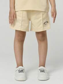 SHEIN Explorewe Young Girl Fashion Letter Print Lapel Short Sleeve Top And Loose Shorts Set,Summer Sport Back-To-School Classic Playful Design Outfit - Apricot - View 6