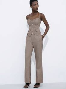 SHEIN Privé Nuevo conjunto de 2 piezas de top corto tipo bustier y pantalones de pierna acampanada a cuadros estilo vintage francés casual y relajado para mujeres jóvenes