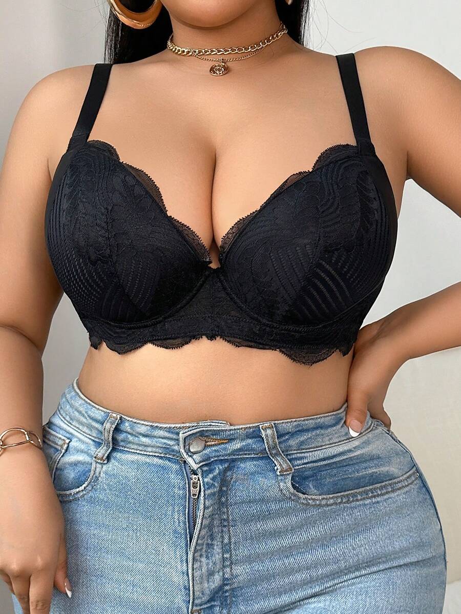 SHEIN Áo ngực ren thoáng khí màu trơn cỡ lớn có dây đeo có thể điều chỉnh - màu đen - Xem 1