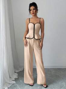 Elenzga 2 Stücke Damen elegantes Garnklein- und Farbblock Träger Top und lange Hose Set - Verschiedenfarbig - Übersicht 6