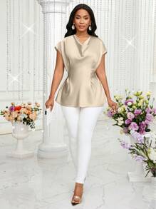 SHEIN Lady Women Solid Color Drape Neck Elegant Short Sleeve T-Shirt, Suitable For Summer - Apricot - View 6