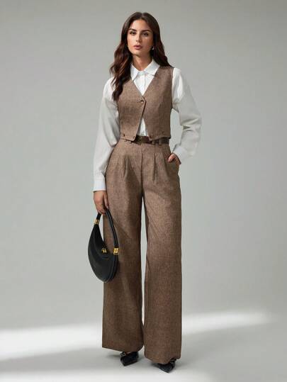 SHEIN Tall Traje de chaleco y pantalones de un solo botonadura de unicolor casual para mujer en otoño/invierno