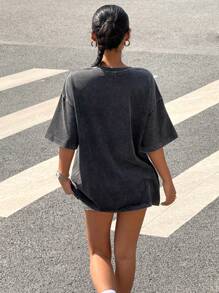 Muchica 女式黑色针织圆领落肩袖休闲T恤，带骑士印花 - 黑色 - 查看 2