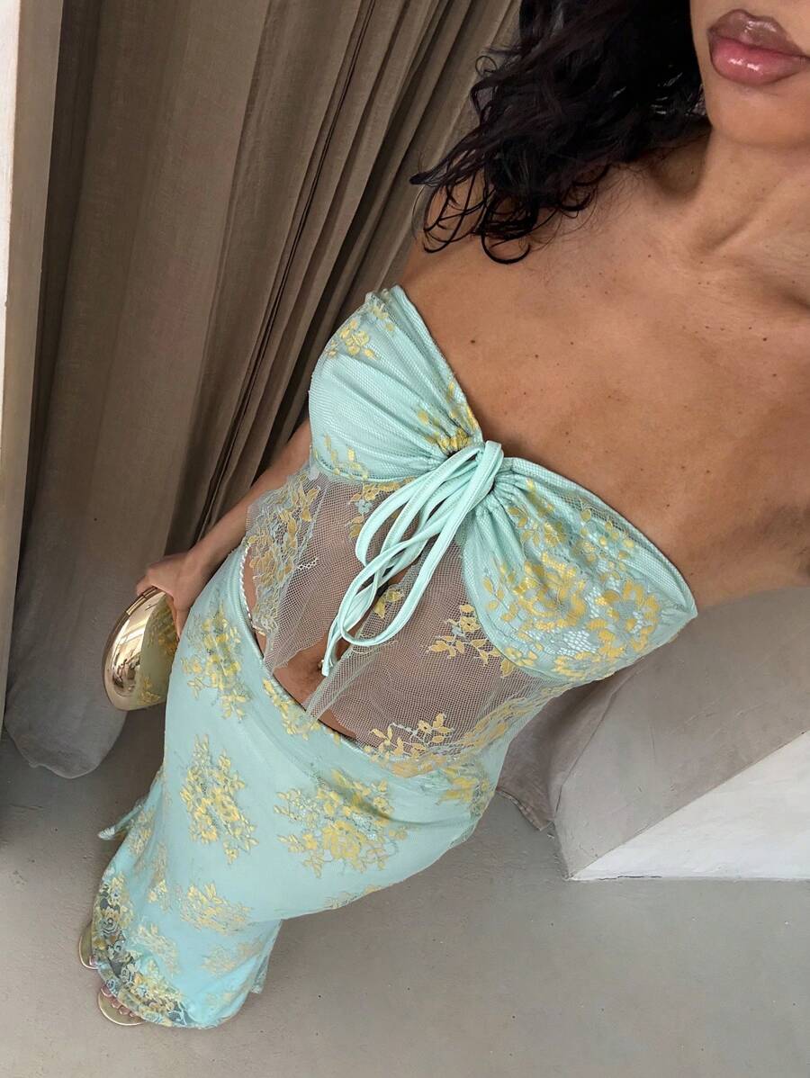 Glamine 蕾丝吊带背心上衣和半裙两件套，性感优雅的日常、度假、派对、春夏海滩休闲装。 - 綠色 - 查看 1