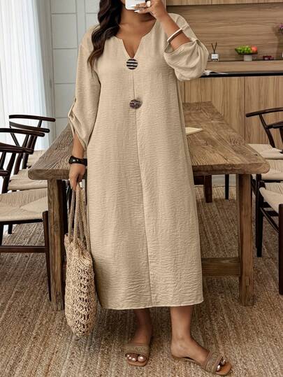 Weeklong Vestido casual recto holgado de unicolor con cuello en V y borde enrollado para mujer de talla grande