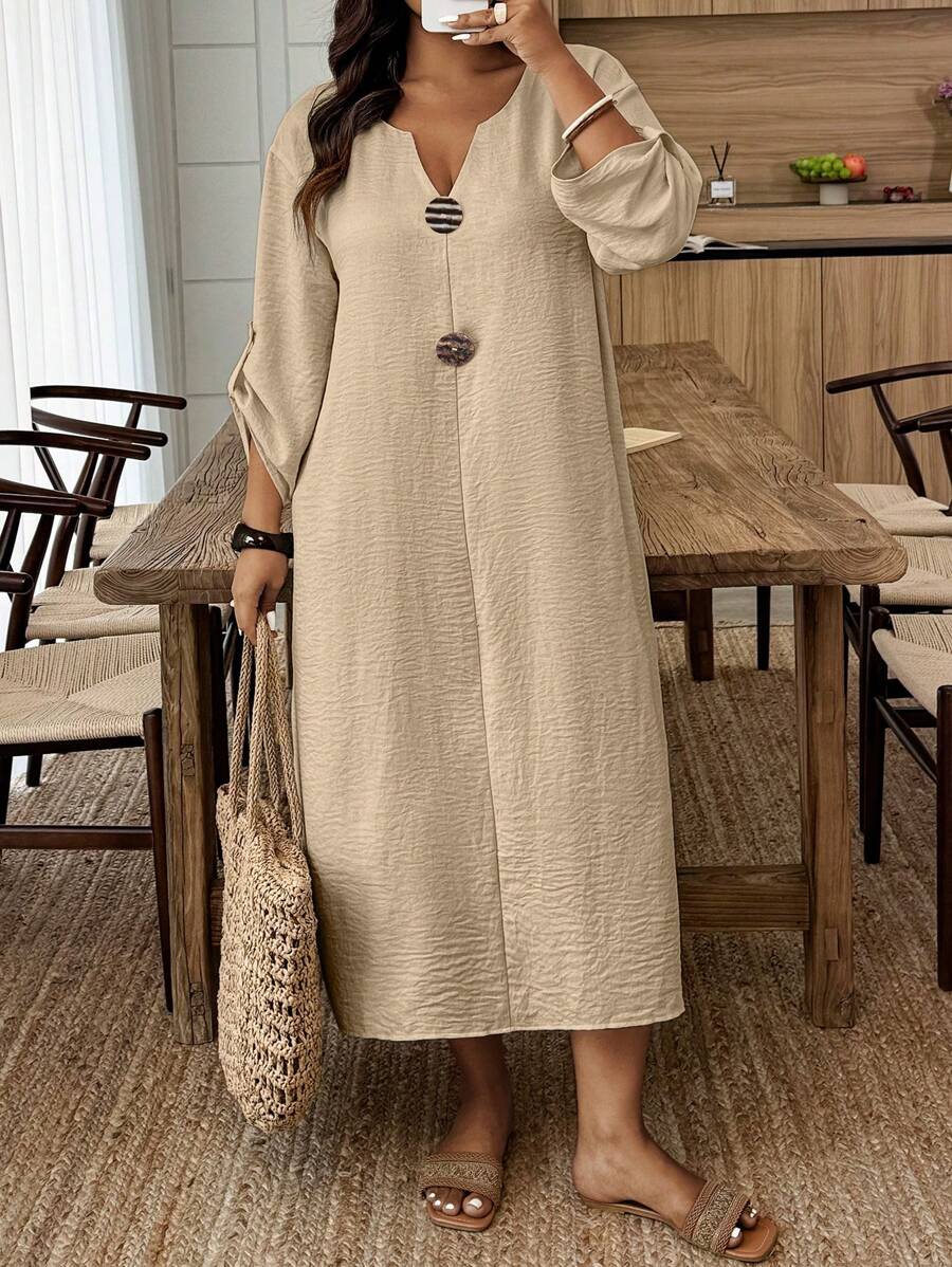 Weeklong Rochie cu decolteu în V, cu margine rulată, lejeră, dreptă, de dimensiuni mari