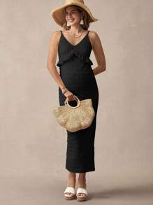 Boho Mama Maternity Summer Minimalist Textured Ruffle Trim Cami Dress - Black - View 3