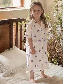 DAZY Young Girl V-Neck Knit Allover Print Nightgown Home Dress, Summer - White - View 5