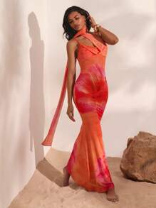 Opulessa Robe moulante à bretelles fines avec motif floral pour femmes - Corail - Voir 6