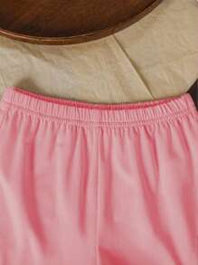 Young Girl Bear Letter Print Versatile Pink Short Sleeve Round Neck Tee + Shorts 2 Pieces Set, Summer - Pink - View 3