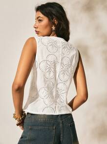 2025 Summer Easelle Vest Pattern Open Button Holiday Style Tops Lace Button Vest Seaside White Linen Pants Women Holiday Outfits - White - View 2