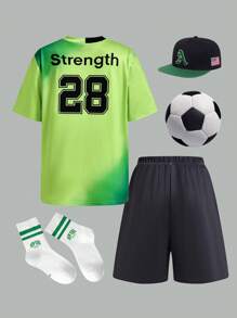 SHEIN 2pcs/Set Teen Boy & Teens Boys Casual Versatile Comfortable Number Print V-Neck Loose T-Shirt & Shorts Knit Sports Set - Multicolor - View 2