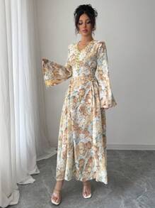 SHEIN Najma Vestido elegante árabe modesto con estampado floral, cinturón y mangas acampanadas para mujer