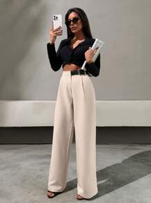 SHEIN Tall Pantalón de corte recto con detalle de cinturón de media piel sintética, estilo elegante