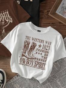 Attitoon 3 pièces Set: Bottes occidentales vintage, Motif occidental des années 90, Motif tête de taureau occidental, Impression de lettre occidentale vintage. T-shirt court et moulant à col rond, manches courtes, style minimaliste pour festival de musique d'été
