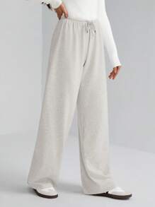 SHEIN Tall Women's Solid Color Drawstring Waist Soft Knit Loose Casual Pants, Fall/Winter , Baggy Pants - Grey - View 4