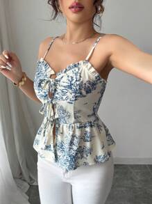 Elenzga Cardigan elegante da donna con stampa floreale, con fiocco sulla schiena e top a canotta arricciato con fiocco davanti, per primavera/estate
