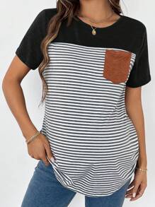 SHEIN Maternity Casual Striped Knitted T-Shirt With Pocket: Comfortable And Stylish Semi-Sheer Top With Round Neck And Short Sleeves For Everyday Wear