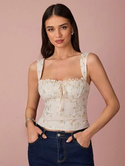 Enchnt Regata Elegante Feminina com Bordado Floral no Colarinho e Detalhe em Renda, Adequada para Temporada de Casamentos, Feriados, Férias, Encontros Românticos e Formatura, Verão Feminino, Concertos Femininos, Páscoa Feminina