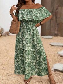 SHEIN Clasi Đầm dự tiệc in họa tiết hở vai cỡ lớn - màu xanh lá - Xem 3