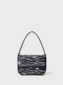 SHECARRY 女士时尚斑马图案水钻装饰晚宴手提包 - 黑與白 - 查看 3