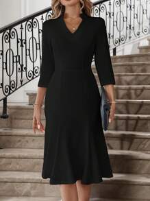 EMERY ROSE Women's Solid Color Notch Neck Elegant Business Midi Dress - Black - View 4