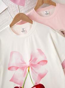 Tween Girl' Cherry & Teddy Bear Decor Sweet & Cute Casual Creme, Pale Pink Milk Silk Long Nightgown Sleepwear Homewear - Multicolor - View 5