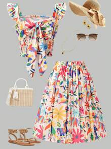 SHEIN Sparklyn 2pcs/Set Tween Girls Casual Mexican Girl Style Cap Sleeve Top & Floral Swing Skirt, Holiday & Daily Wear,Summer,Travel - Multicolor - View 1