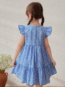 SHEIN Young Girls Blue Floral Print Ruffle Sleeve Round Neck Dress - Blue - View 2