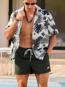 Manfinity Swimmode Men's Tropical Print Shirt & Shorts Beach 2-Piece Set, Hawaiian - Olive Green - View 6