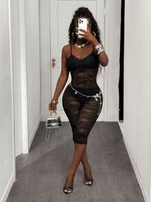 Slaydiva 2025 Spring/Summer New Fashion Versatile Black Sexy Street Casual Holiday Cruise Resort Beach Sunbathing Party Women Lace Spaghetti Strap Cropped Jumpsuit, Suitable For Music Festivals, Easter, Parties, Graduation Prom, Hottie - Black - View 3